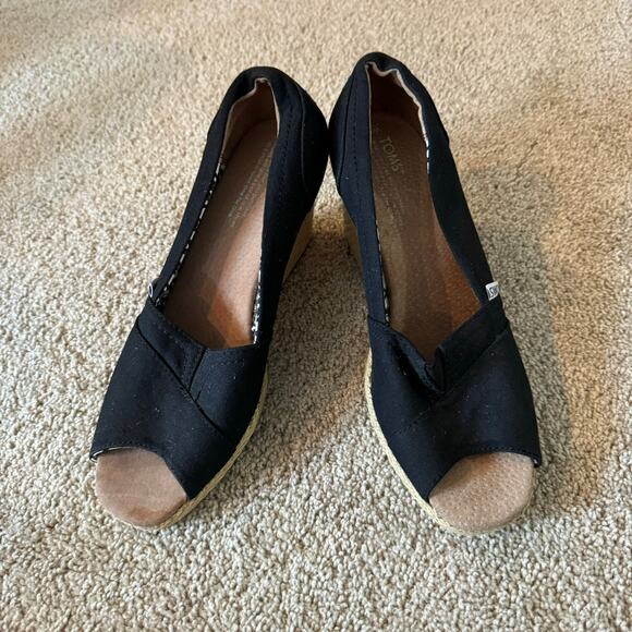 TOMS Classic Canvas Peep Toe Espadrille Wedge Sandals Women's Size 9.5 Black - Picture 1 of 12